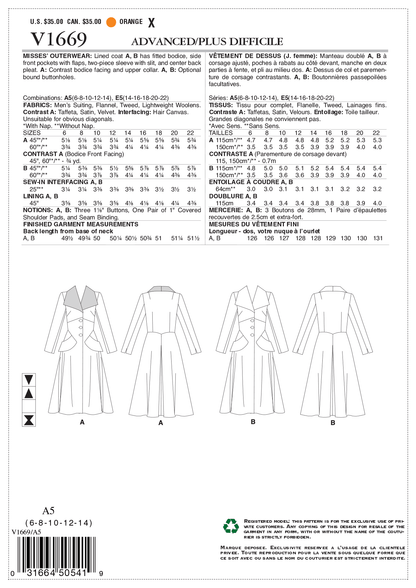 Vogue Patterns V1669 pattern envelope showing lined coat with a fitted bodice