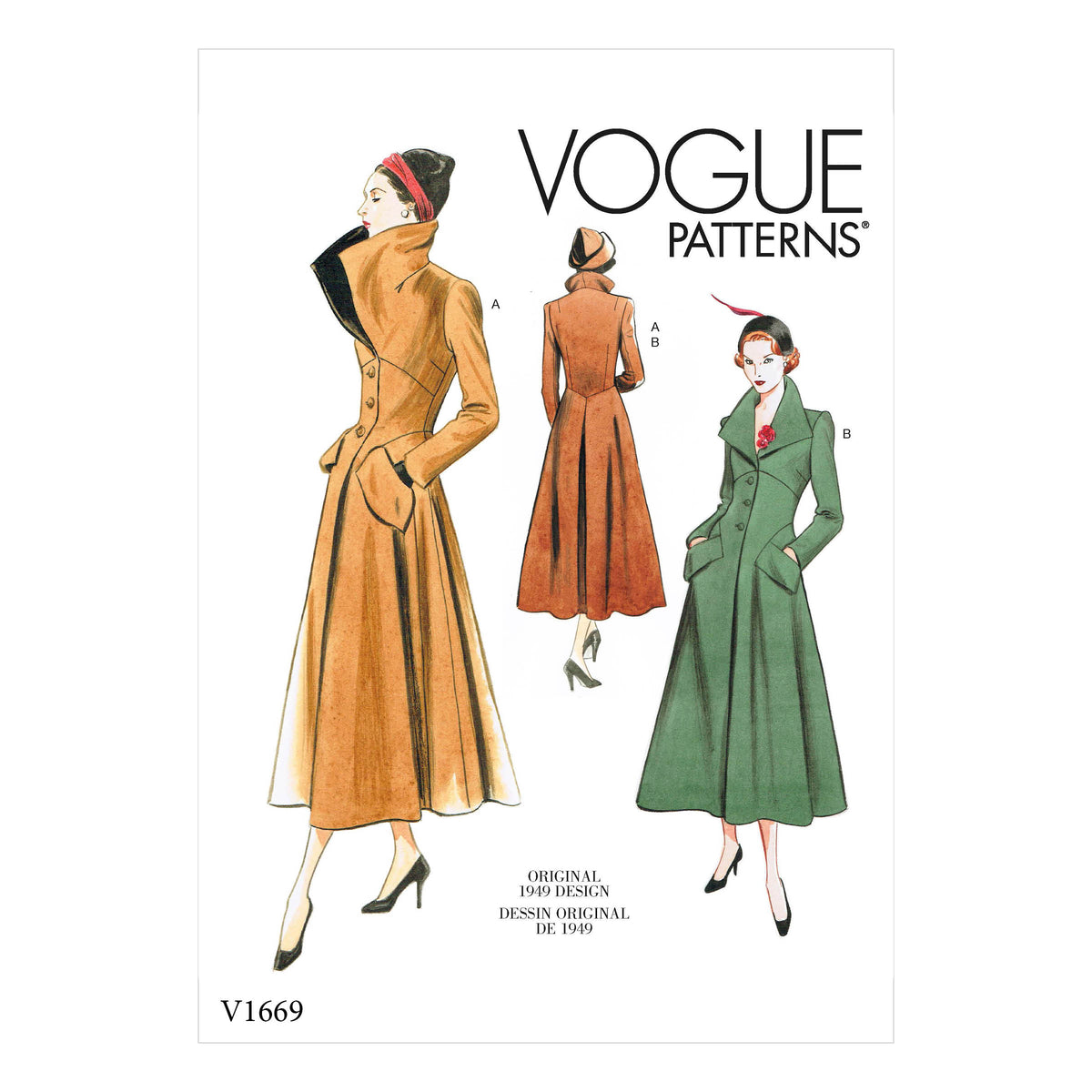 Vogue Patterns V1669 pattern envelope showing lined coat with a fitted bodice
