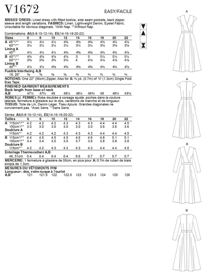 Vogue Patterns V1672 pattern envelope showing lined dress with a fitted bodice
