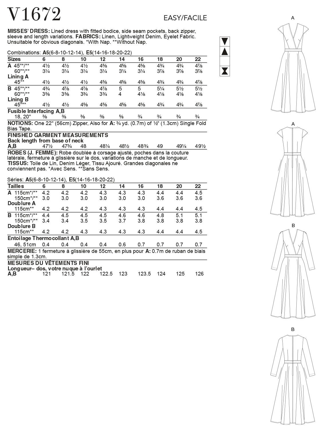 Vogue Patterns V1672 pattern envelope showing lined dress with a fitted bodice