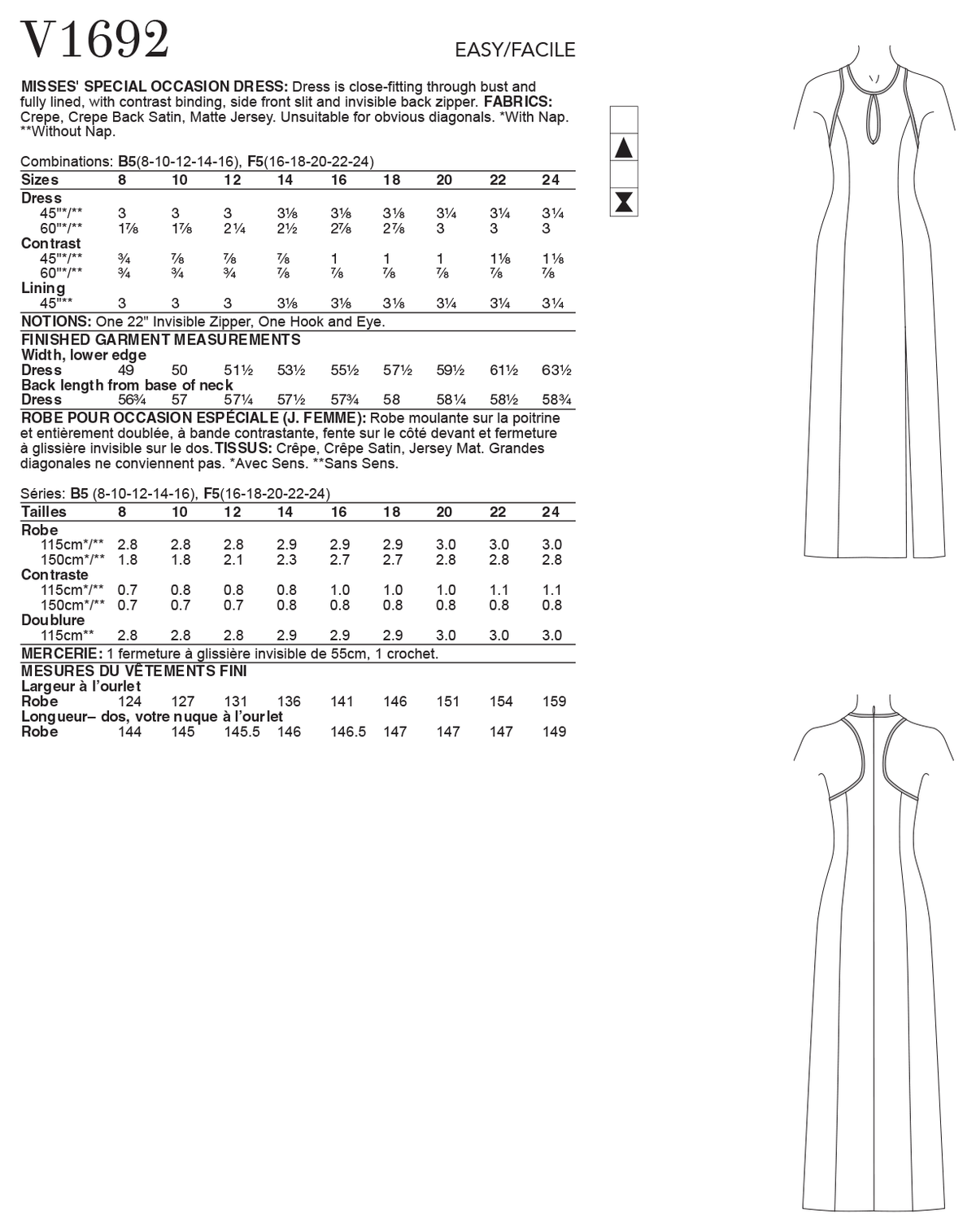 Vogue Patterns V1692 pattern envelope showing fully lined occasion dress, close-fitting through the bust