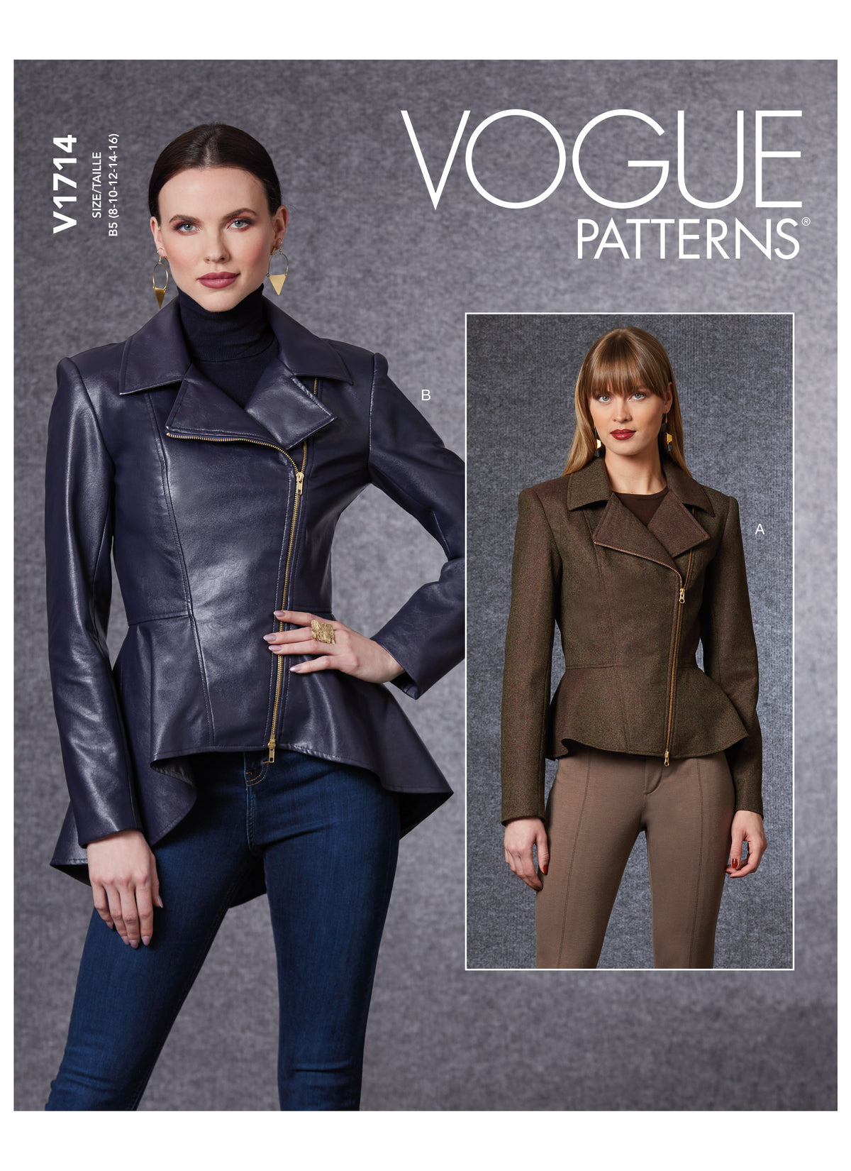 Vogue Patterns V1714 pattern envelope showing close-fitting, lined peplum jacket