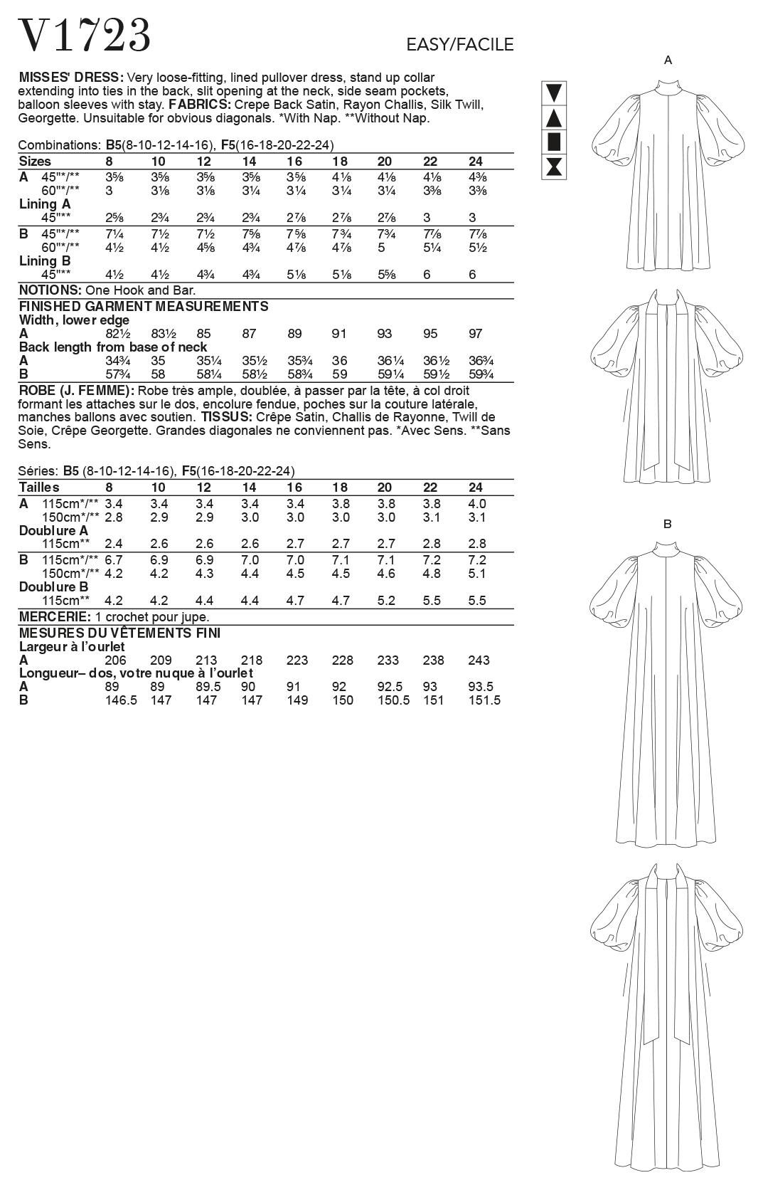 Vogue Patterns V1723 pattern envelope showing very loose-fitting, lined pullover dress