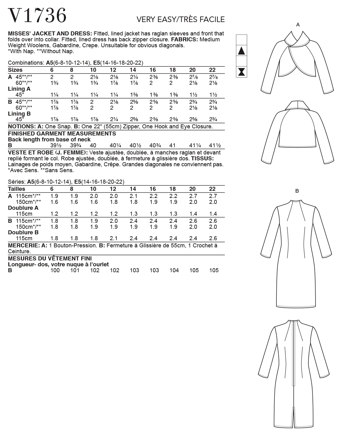 Vogue Patterns V1736 pattern envelope showing fitted, lined jacket