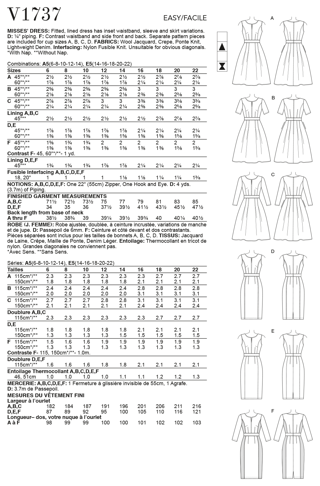 Vogue Patterns V1737 pattern envelope showing fitted, lined dress