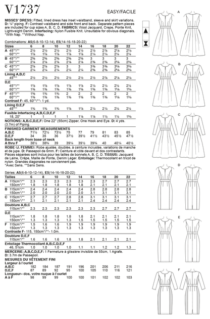 Vogue Patterns V1737 pattern envelope showing fitted, lined dress