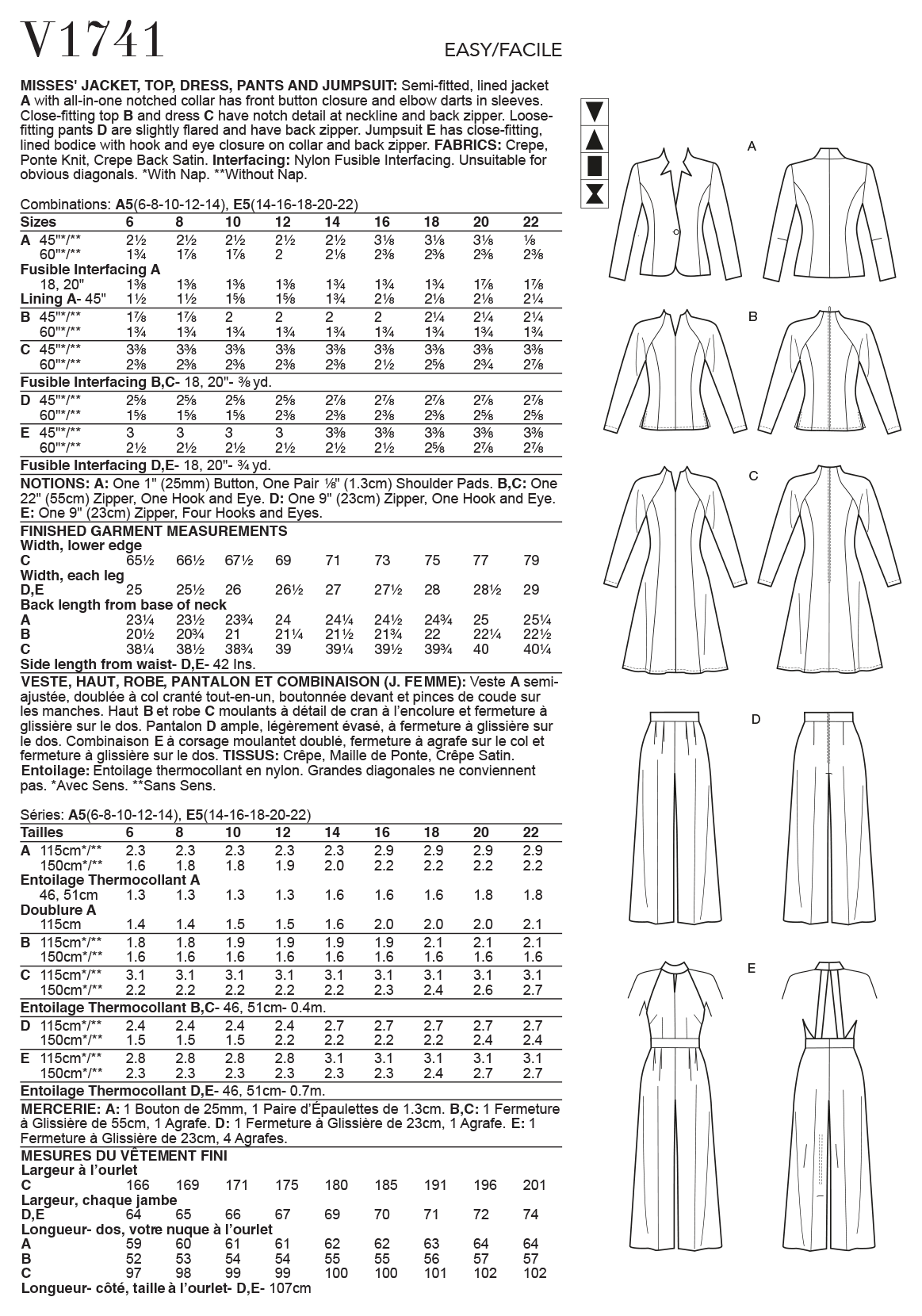 Vogue Patterns V1741 pattern envelope showing semi-fitted, lined jacket