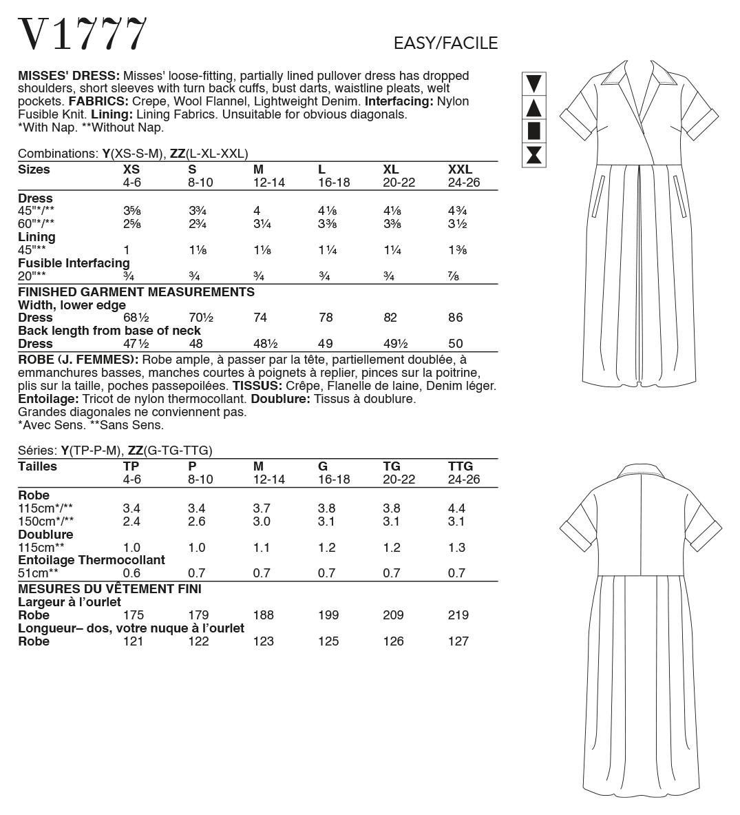 Vogue Patterns V1777 pattern envelope showing loose-fitting, partially lined pullover dress