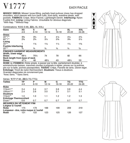 Vogue Patterns V1777 pattern envelope showing loose-fitting, partially lined pullover dress
