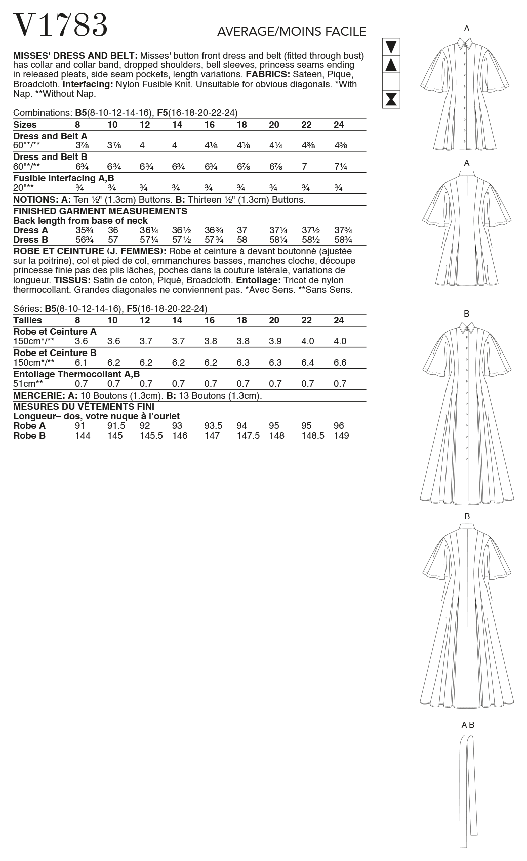 Vogue Patterns V1783 pattern envelope showing button front dress with belt