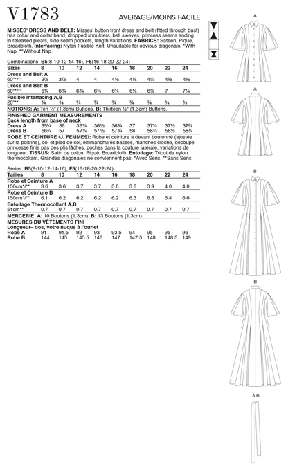 Vogue Patterns V1783 pattern envelope showing button front dress with belt