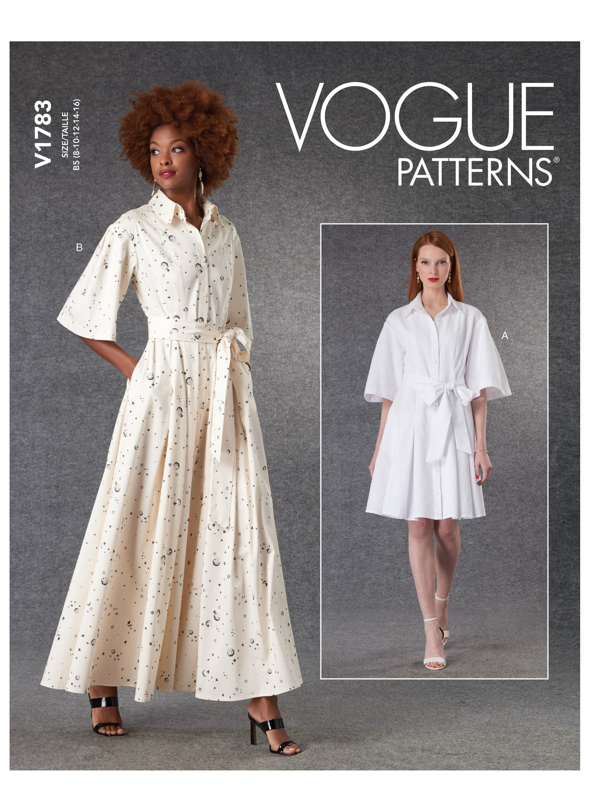 Vogue Patterns V1783 pattern envelope showing button front dress with belt