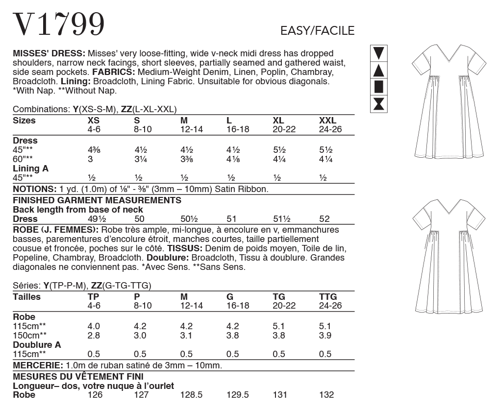 Vogue Patterns V1799 pattern envelope showing very loose-fitting, wide V-neck midi dress