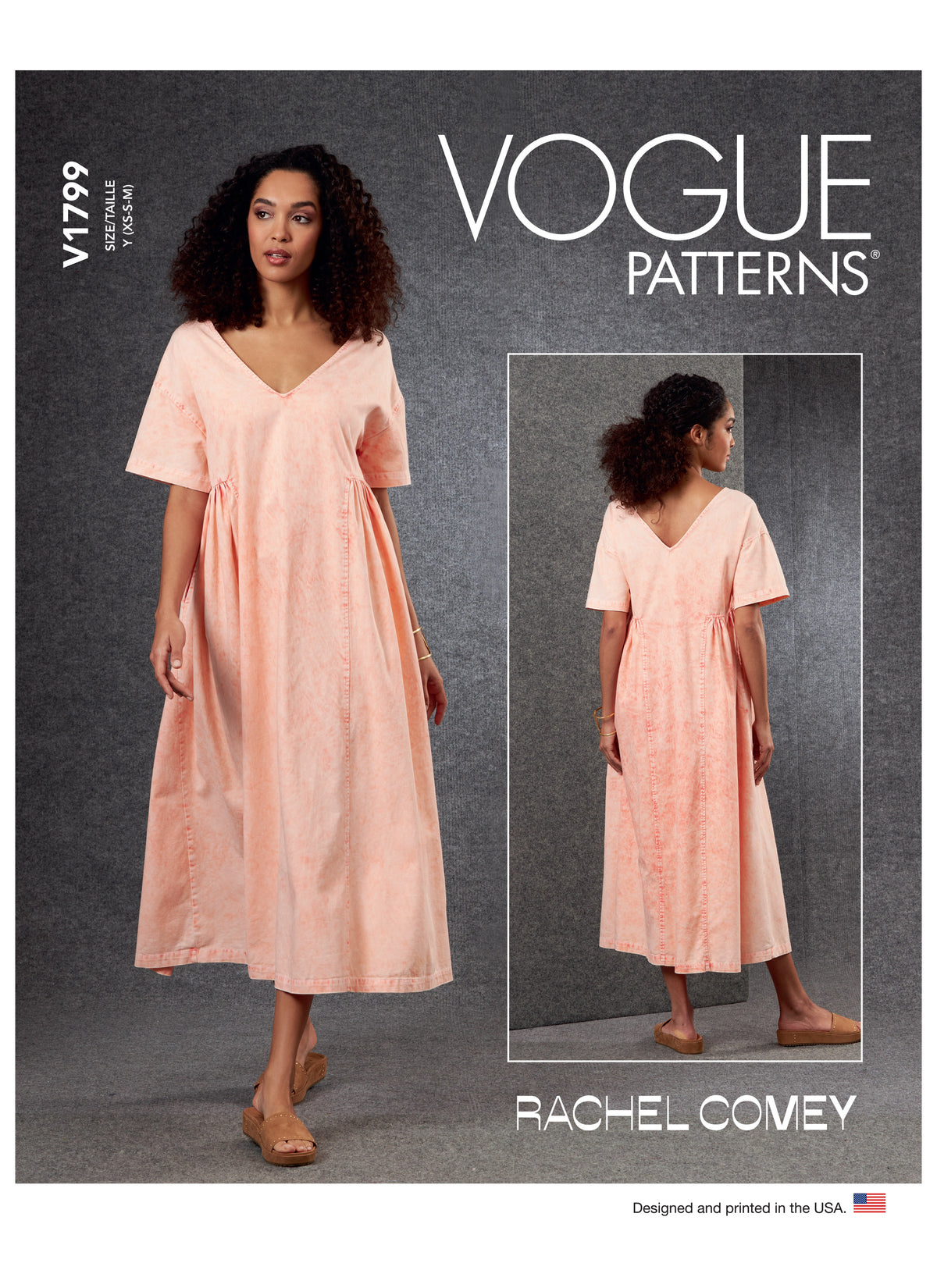 Vogue Patterns V1799 pattern envelope showing very loose-fitting, wide V-neck midi dress