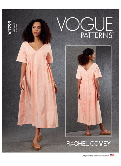 Vogue Patterns V1799 pattern envelope showing very loose-fitting, wide V-neck midi dress