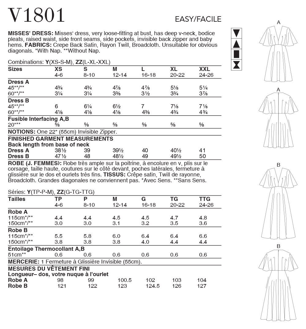 Vogue Patterns V1801 pattern envelope showing dress that is very loose-fitting at the bust
