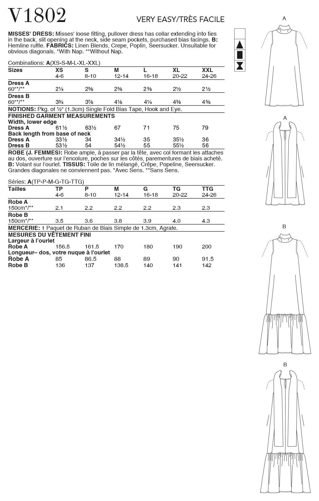Vogue Patterns V1802 pattern envelope showing loose-fitting pullover dress