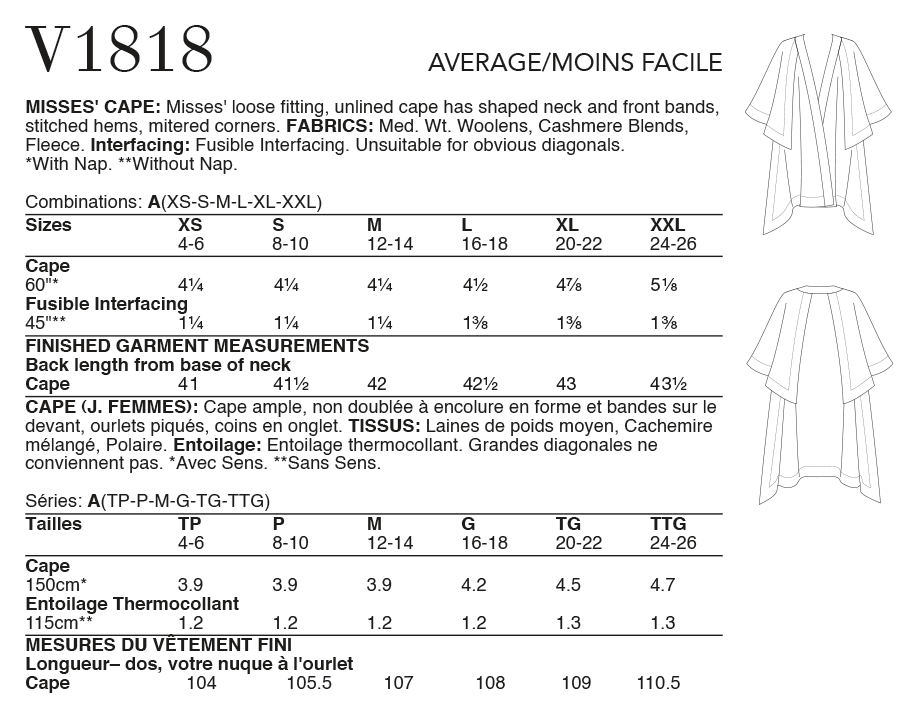 Vogue Patterns V1818 envelope showing a loose-fitting unlined cape