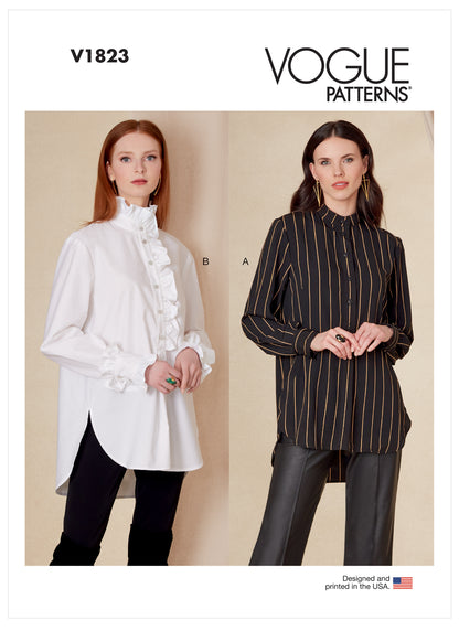 Vogue Patterns V1823 envelope showing a loose-fitting shirt, longer at the back