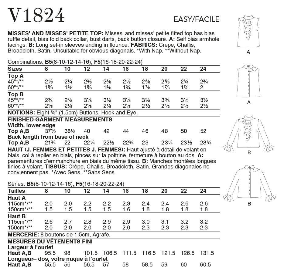 Vogue Patterns V1824 envelope showing a fitted top with bias ruffle detail