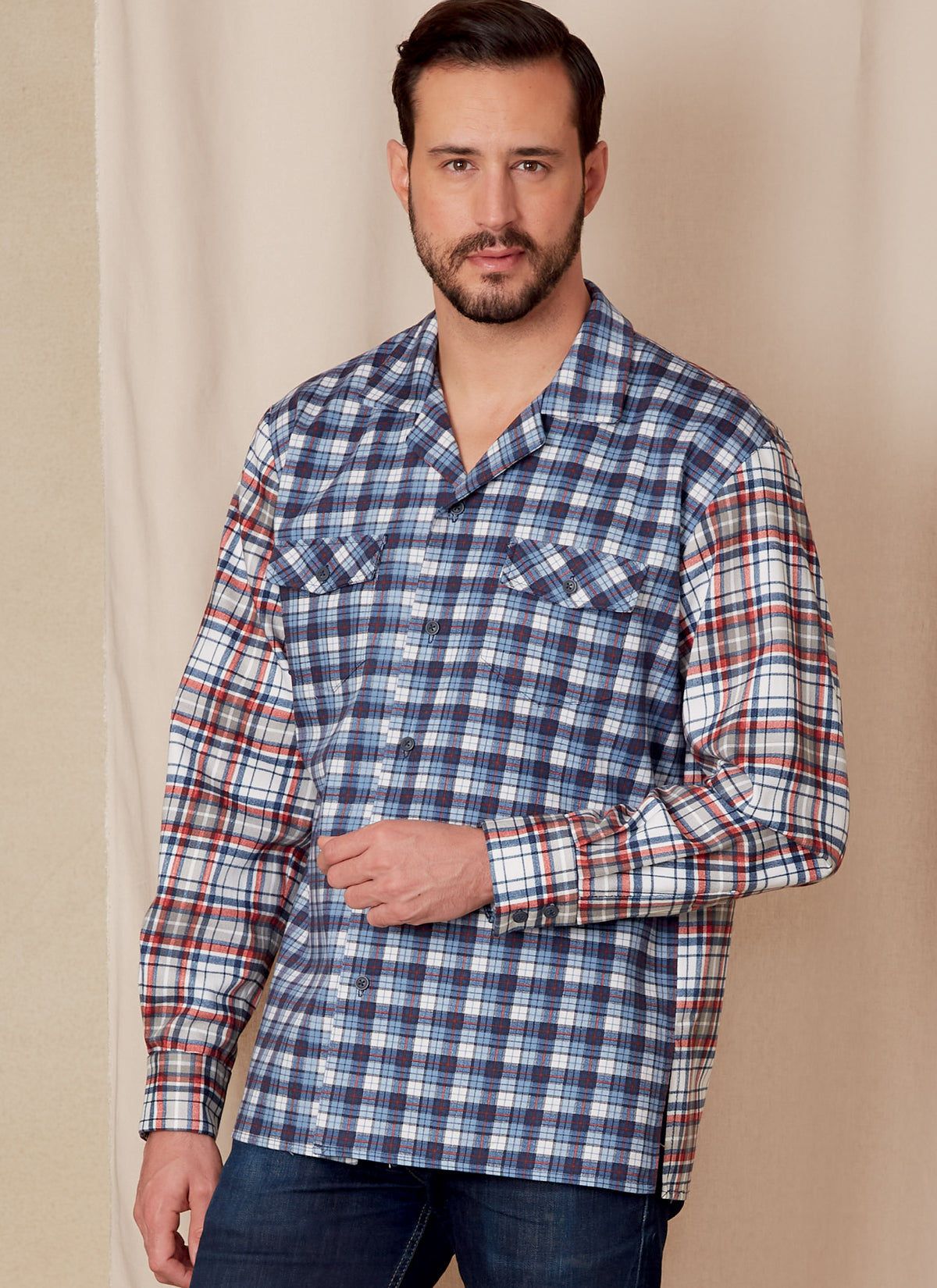 Vogue Patterns V1827 envelope showing a unisex button-down shirt