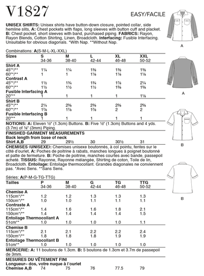 Vogue Patterns V1827 envelope showing a unisex button-down shirt