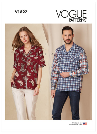 Vogue Patterns V1827 envelope showing a unisex button-down shirt