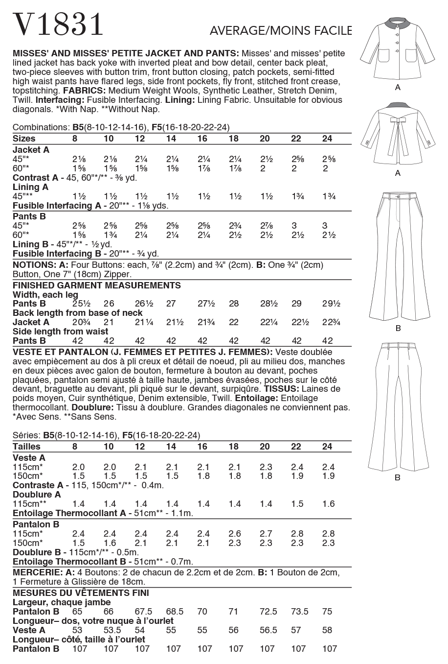 Vogue Patterns V1831 envelope showing a lined jacket with a bow detail at the back