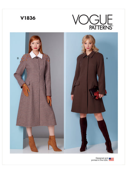 Vogue Patterns V1836 envelope showing a lined coat, loose-fitting through the bust and waist