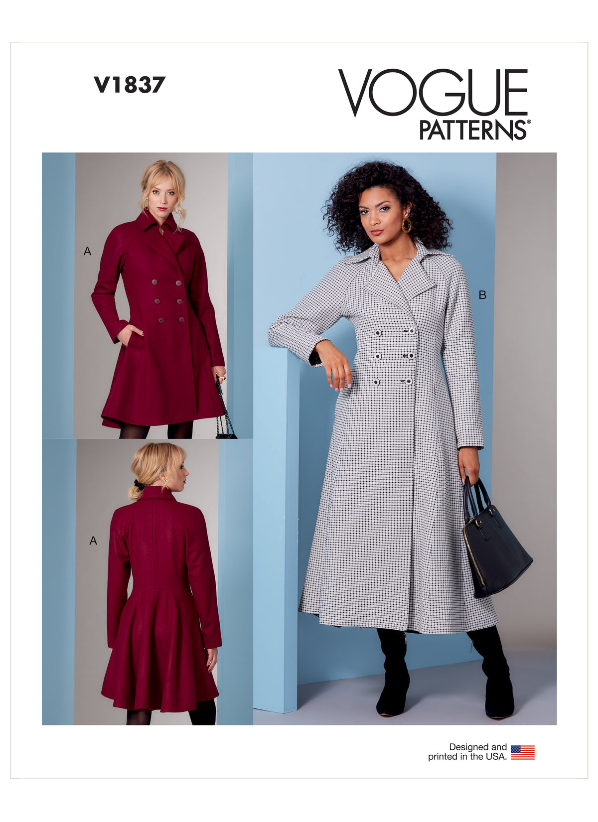 Vogue Patterns V1837 envelope showing a lined, double breasted fit-and-flare coat