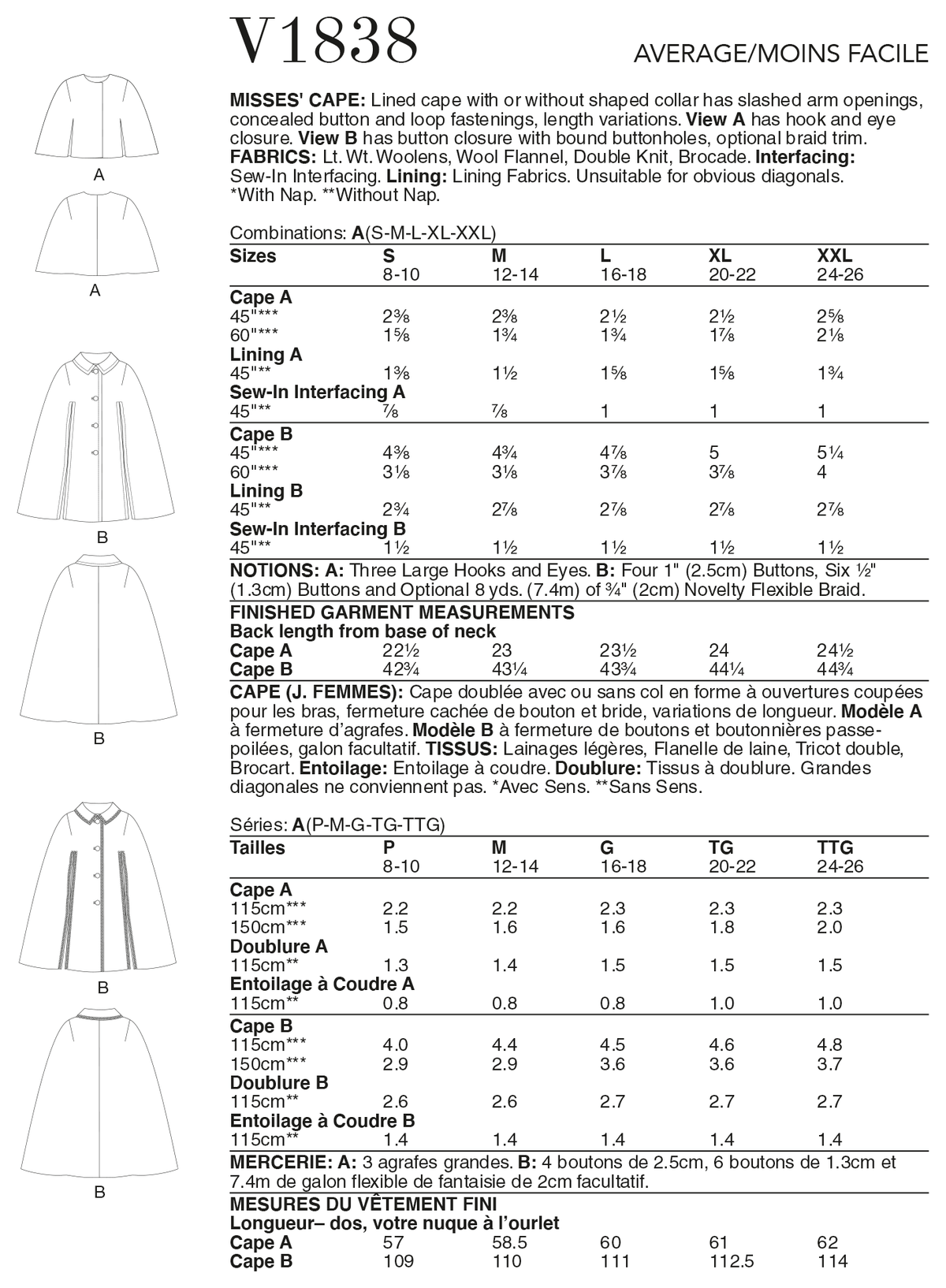 Vogue Patterns V1838 envelope showing a lined cape, with or without a shaped collar