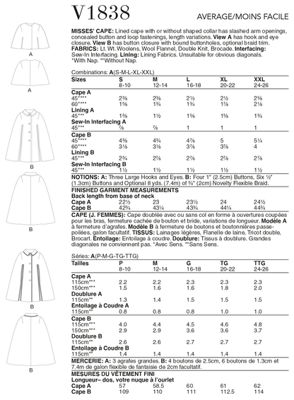 Vogue Patterns V1838 envelope showing a lined cape, with or without a shaped collar