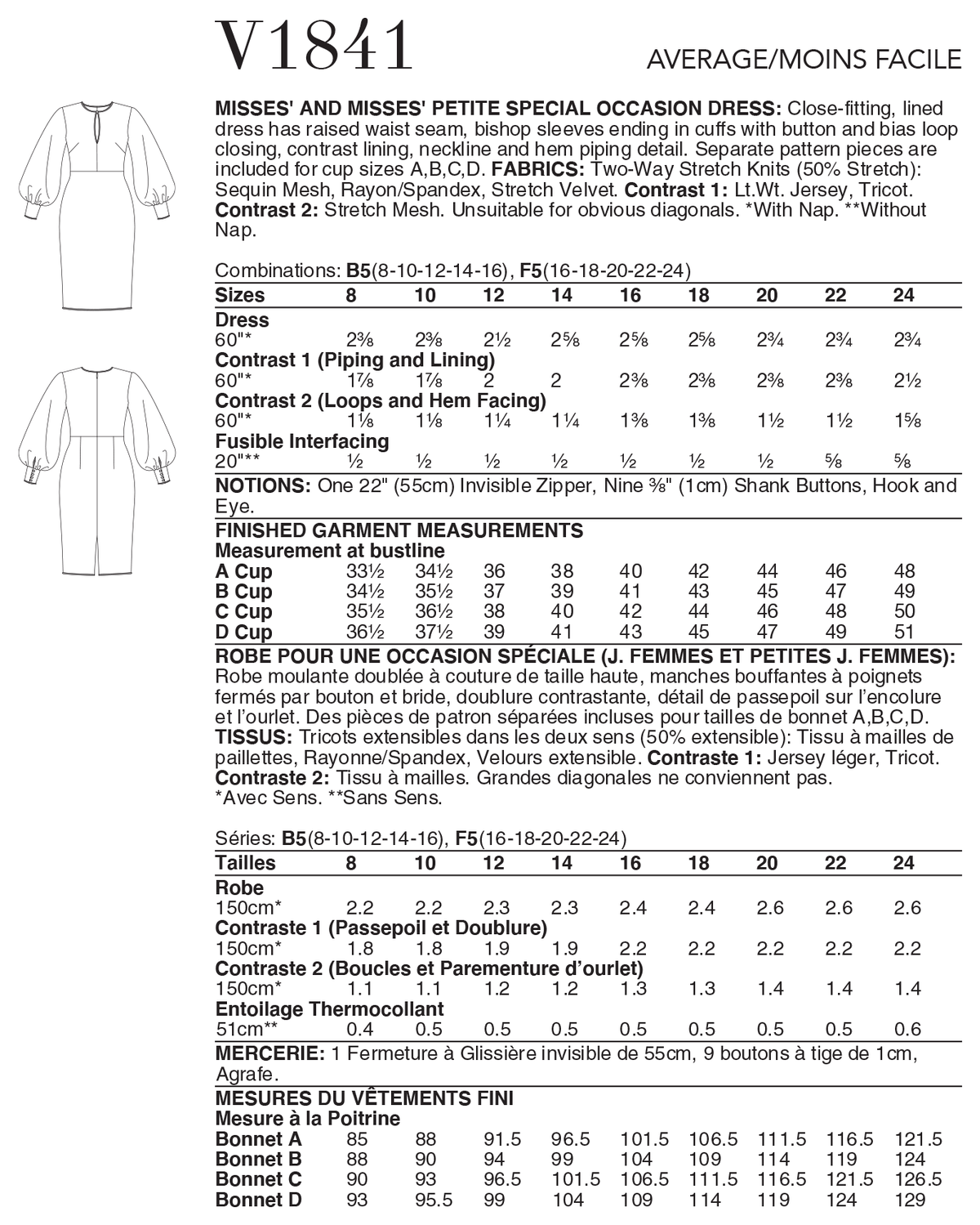 Vogue Patterns V1841 envelope showing a close-fitting, lined dress
