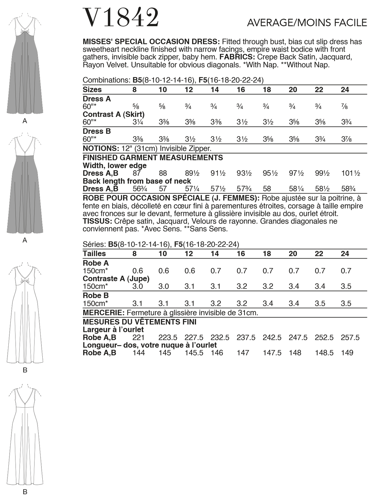 Vogue Patterns V1842 envelope showing a bias cut slip dress, fitted through the bust
