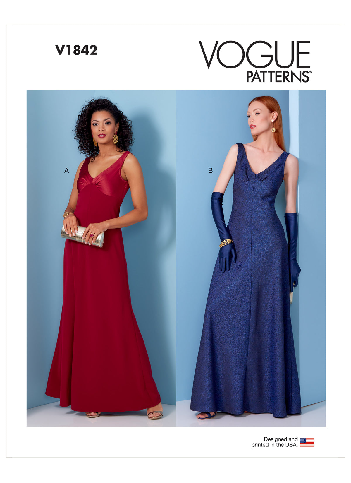 Vogue Patterns V1842 envelope showing a bias cut slip dress, fitted through the bust