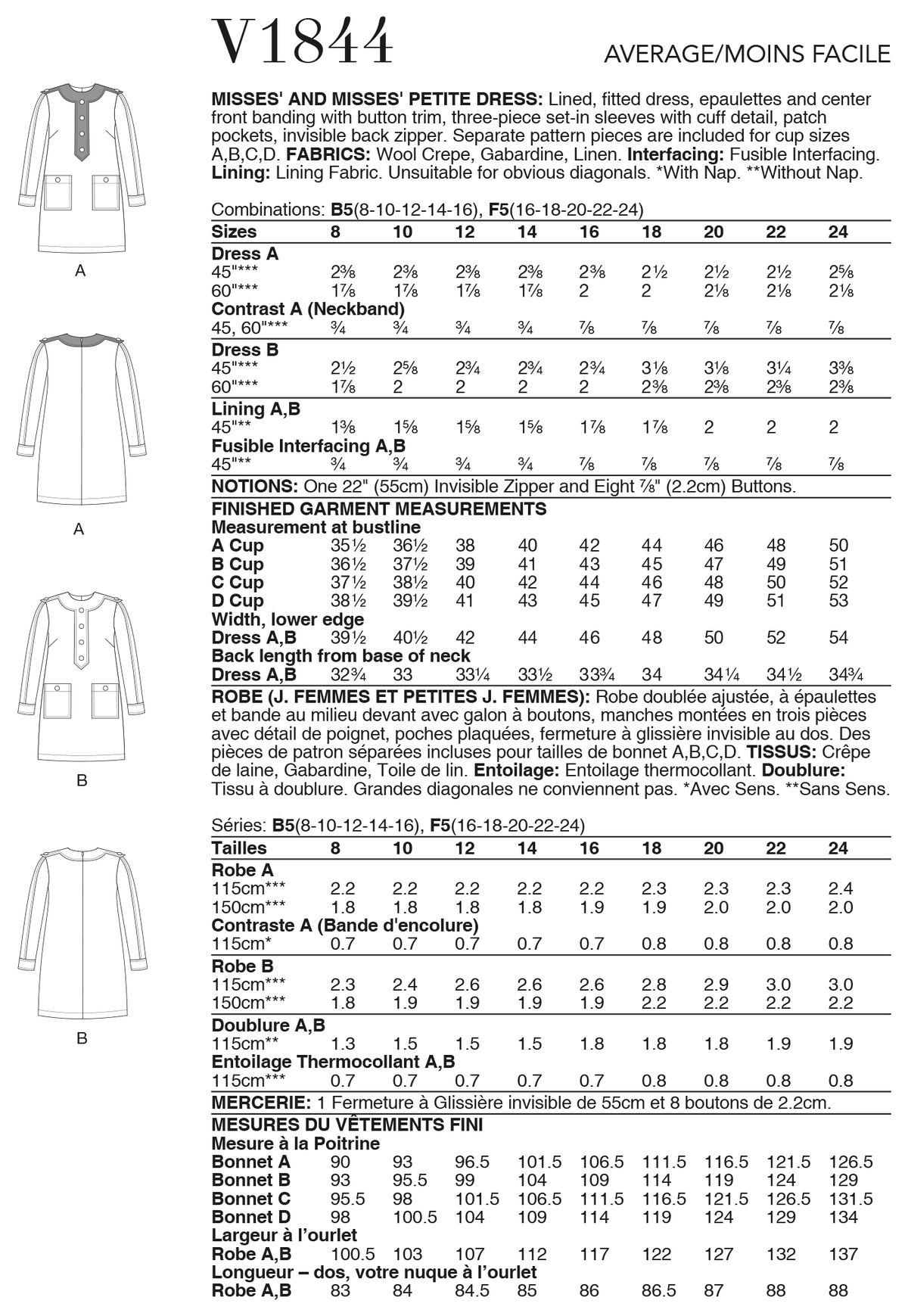 Vogue Patterns V1844 envelope showing a lined, fitted dress