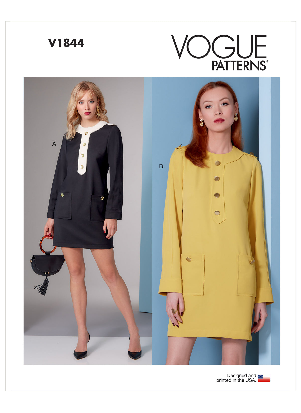 Vogue Patterns V1844 envelope showing a lined, fitted dress