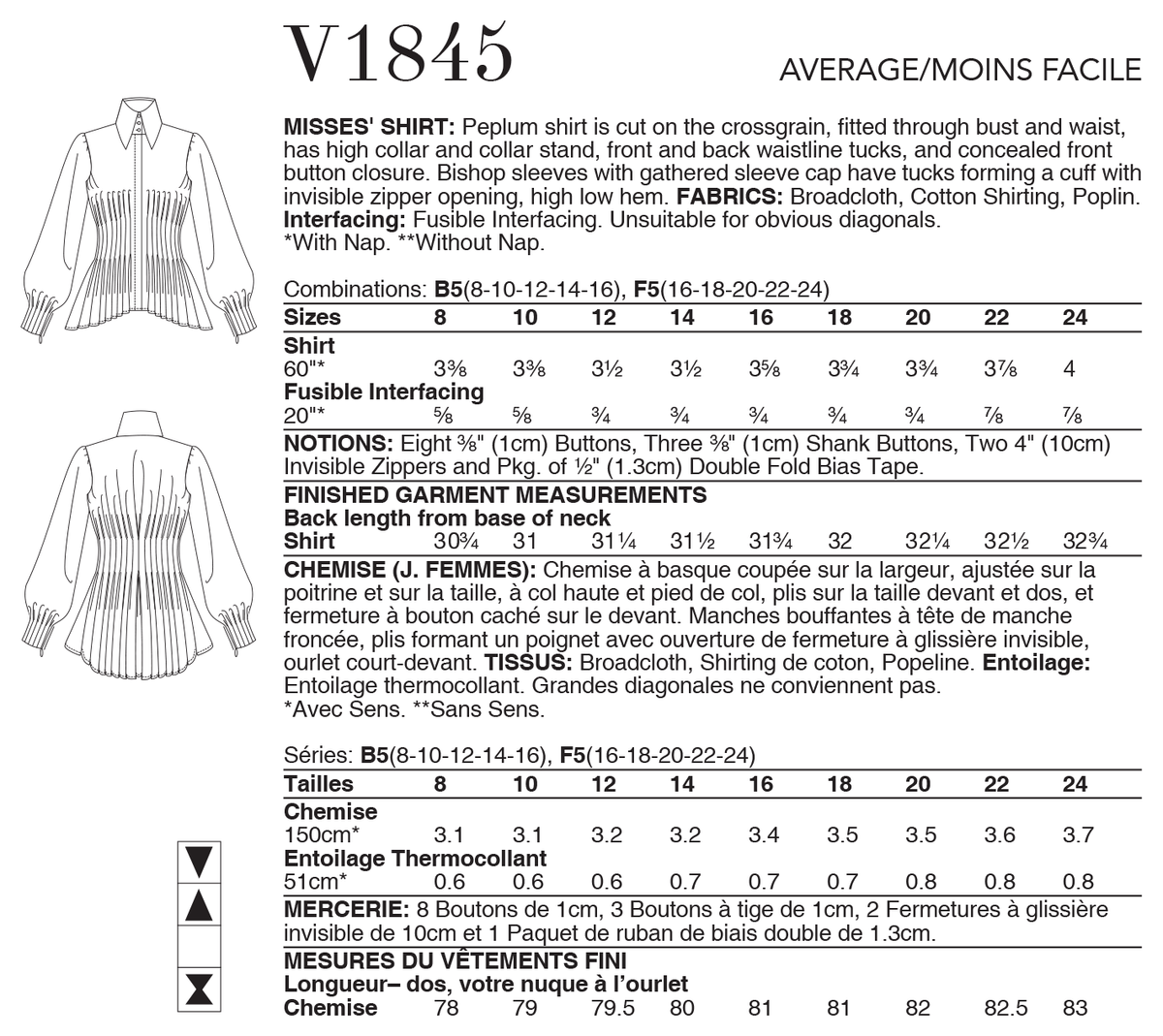 Vogue Patterns V1845 envelope showing a peplum shirt, fitted through the bust and waist