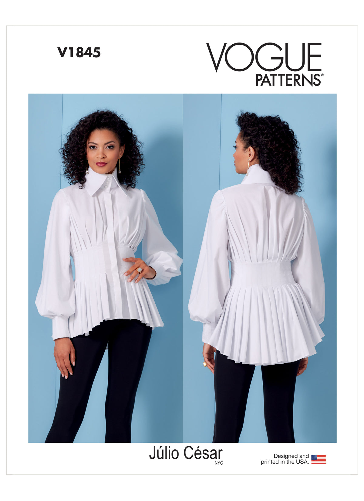 Vogue Patterns V1845 envelope showing a peplum shirt, fitted through the bust and waist