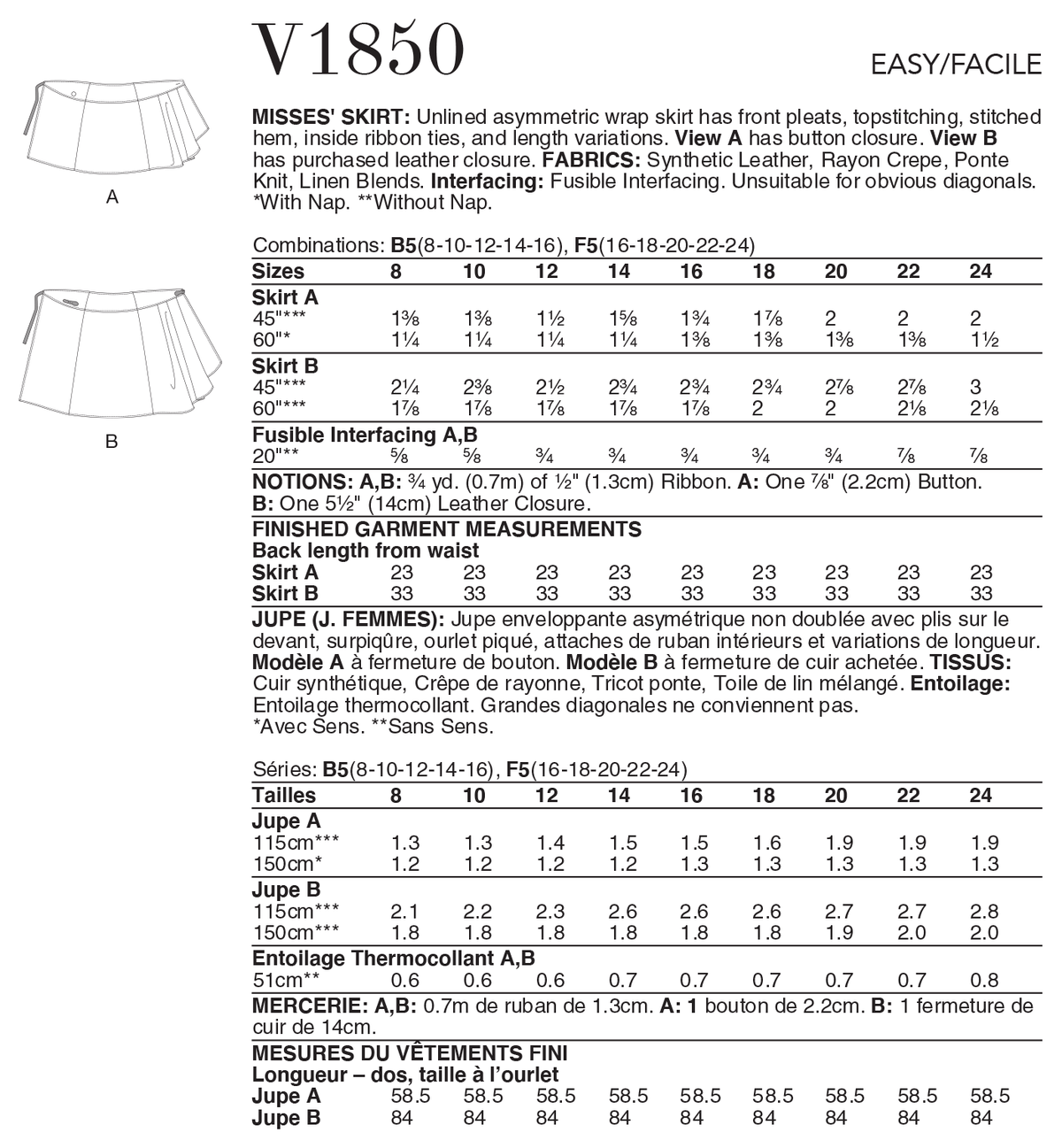 Vogue V1850 pattern envelope showing the wrap skirt designs