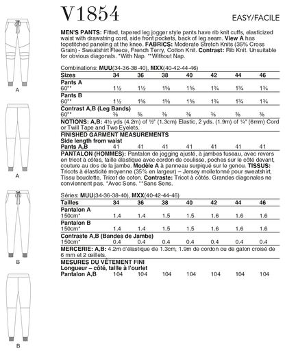 Vogue V1854 pattern envelope showing the jogger trousers designs