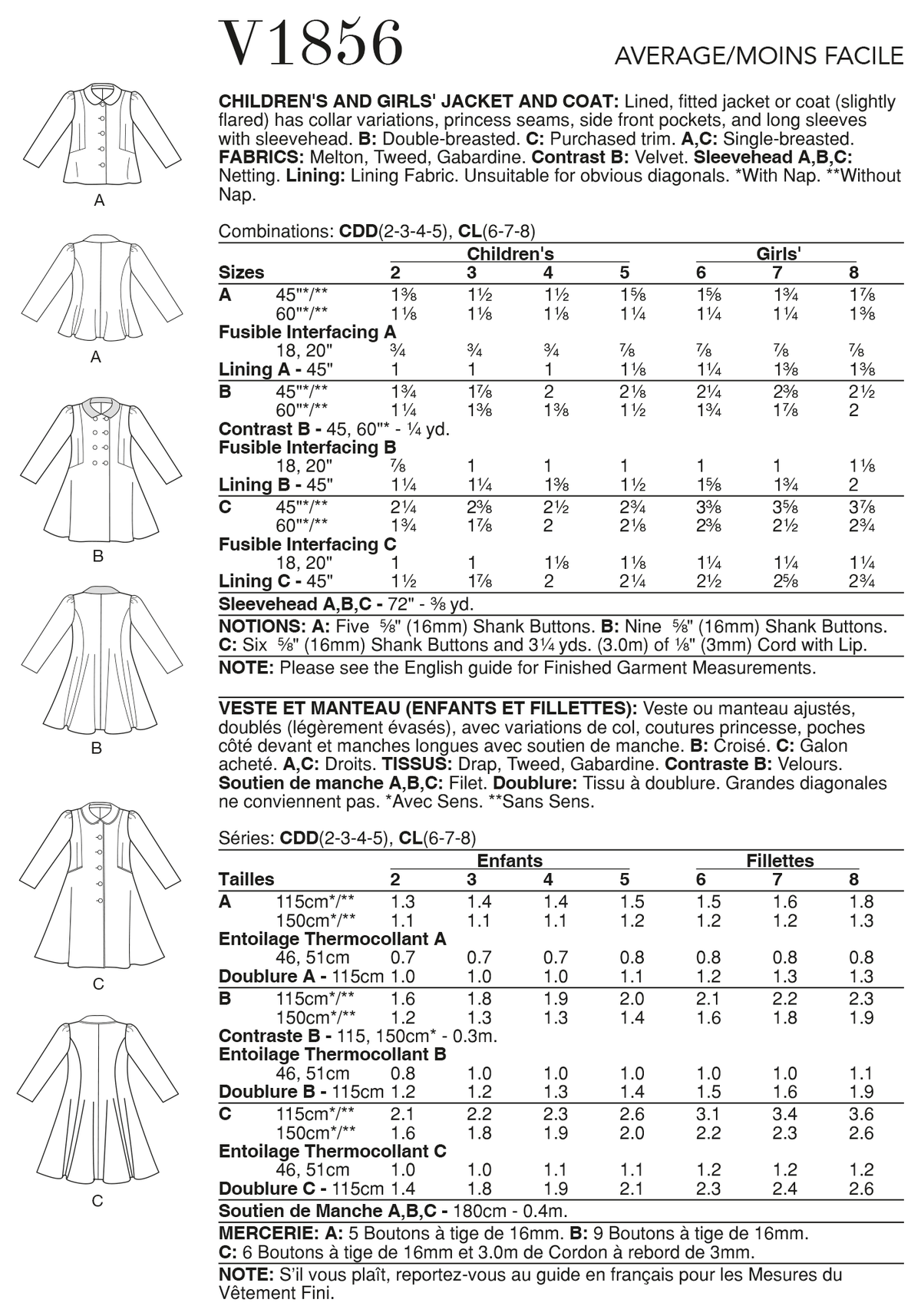 Vogue V1856 pattern envelope showing the lined jacket and coat designs