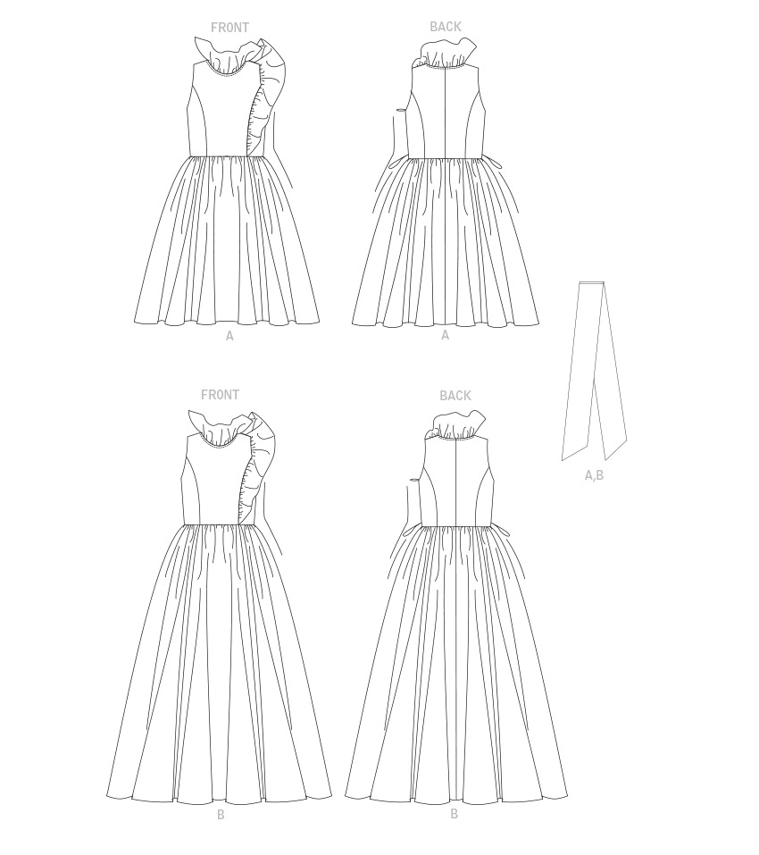 Vogue V1861 pattern envelope showing the ruffle occasion dress designs