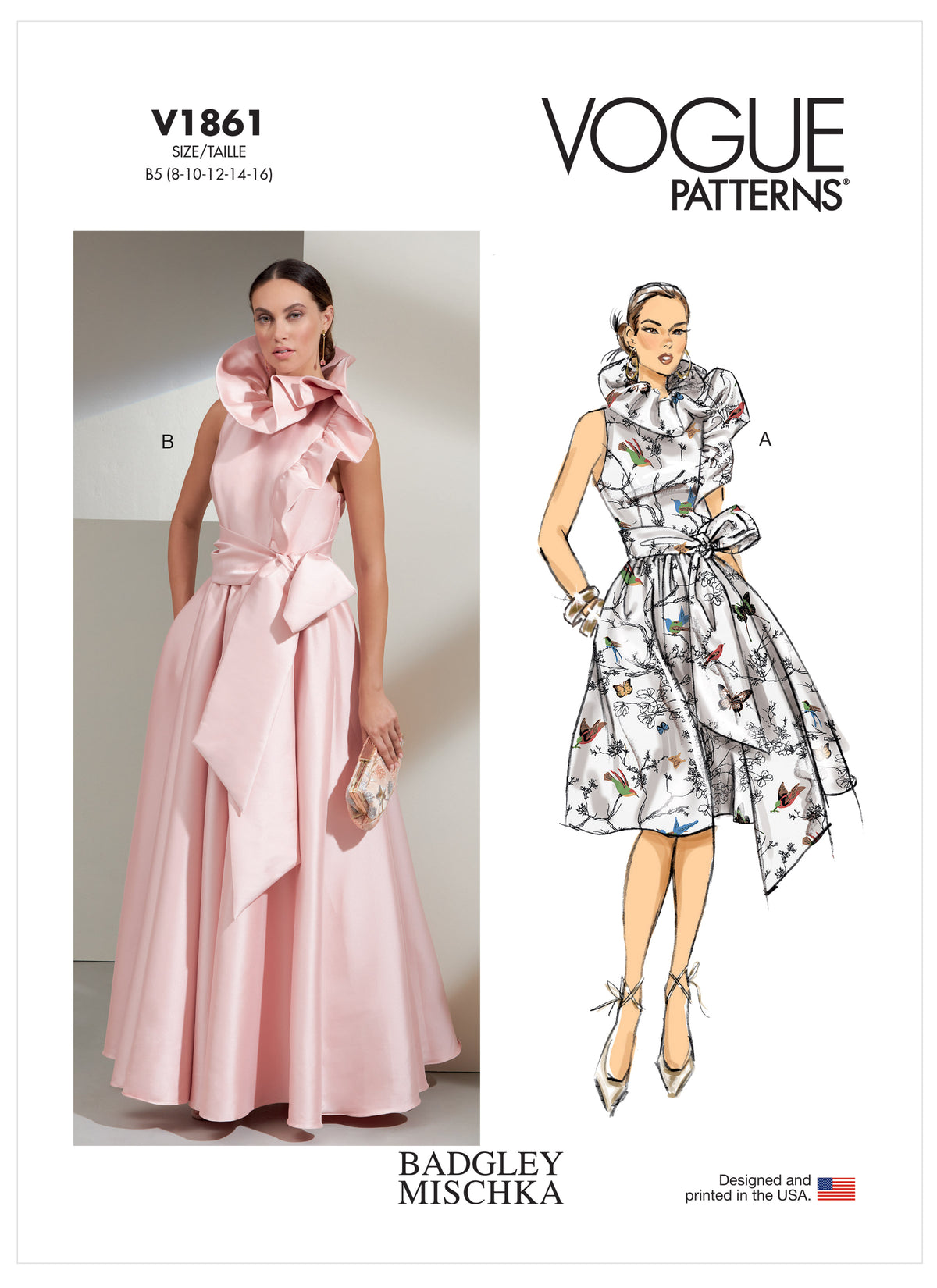 Vogue V1861 pattern envelope showing the ruffle occasion dress designs