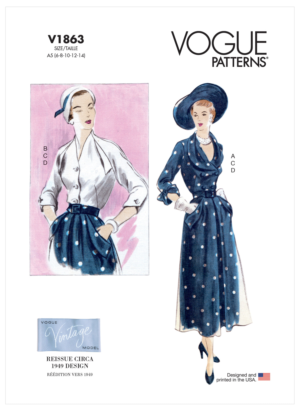 Vogue V1863 pattern envelope showing the vintage 1949 top and skirt designs