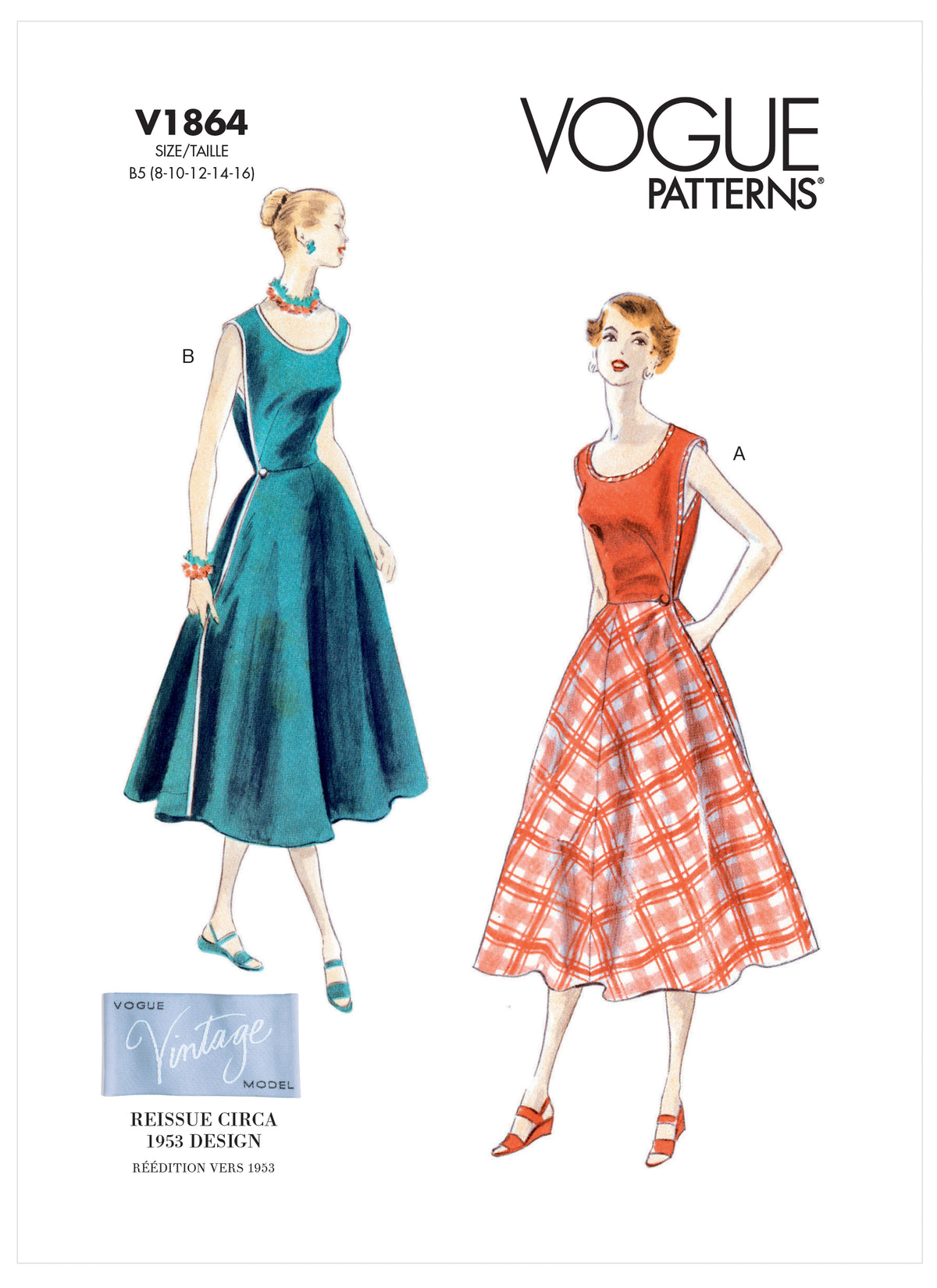 Vogue V1864 pattern envelope showing the vintage 1953 wrap dress designs