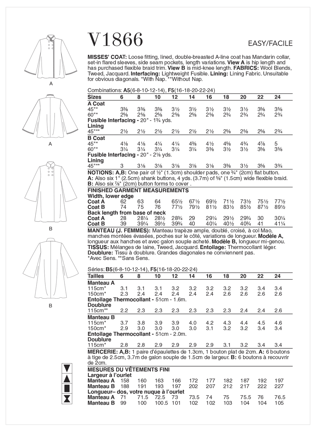 Vogue V1866 pattern envelope showing the double-breasted a-line coat designs