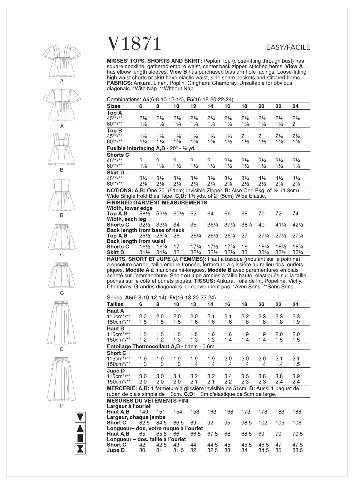 Vogue V1871 pattern envelope showing the peplum top designs