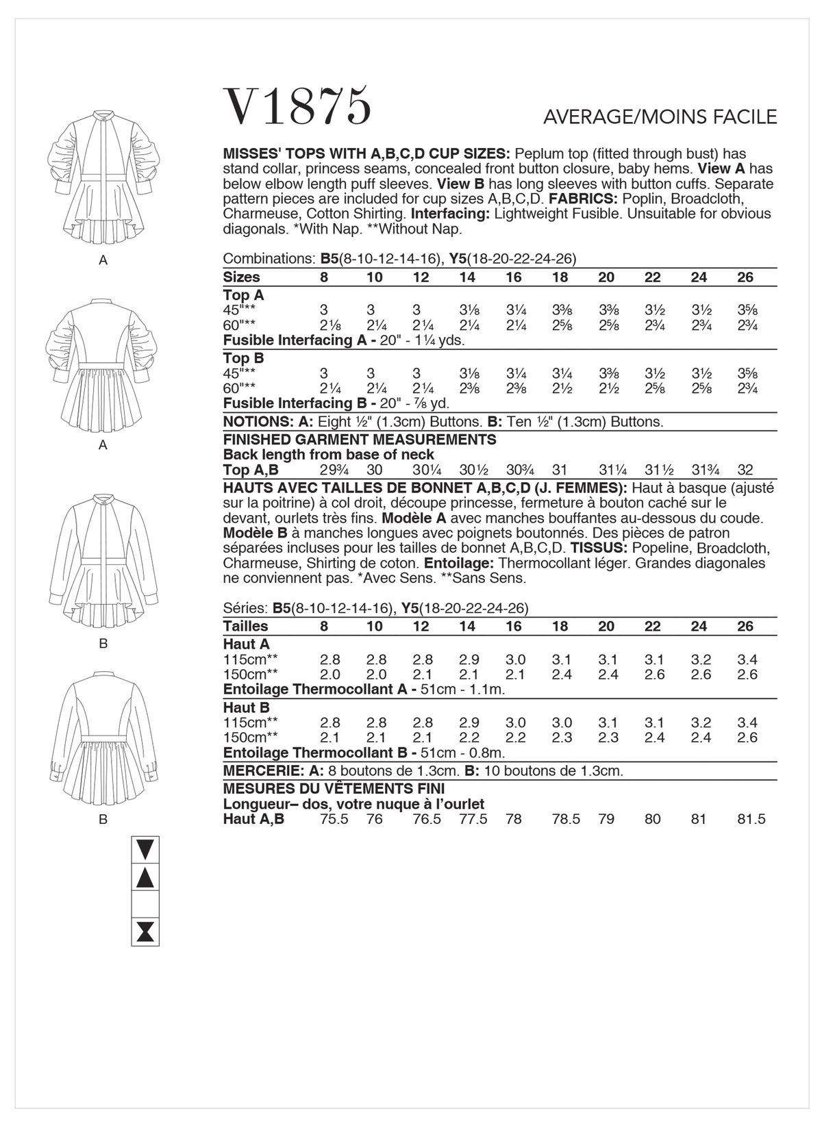 Vogue V1875 pattern envelope showing the peplum top with stand collar designs