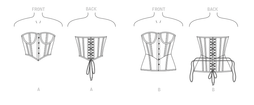 Vogue Patterns V1876 pattern envelope showing the boned corset and bra designs